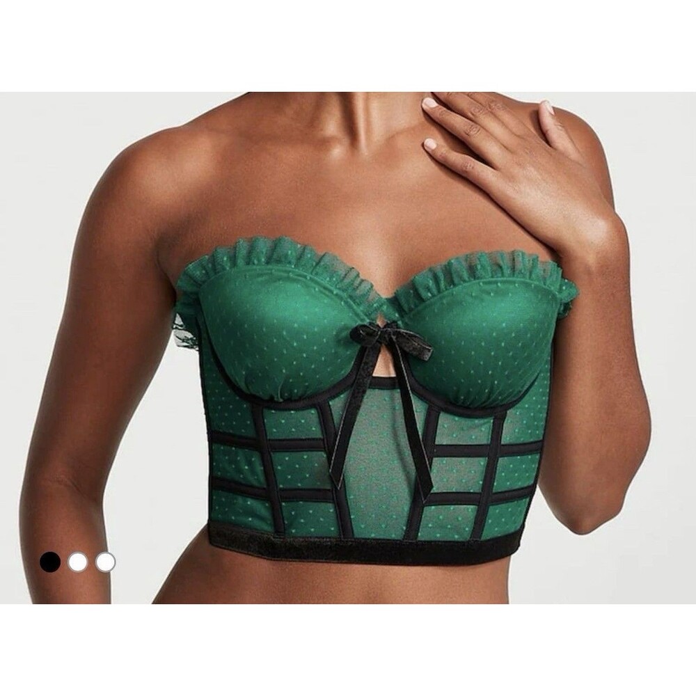NWT Victoria’s Secret Dram Angels Spruce Green Black Trim Corset Bra Top 34B